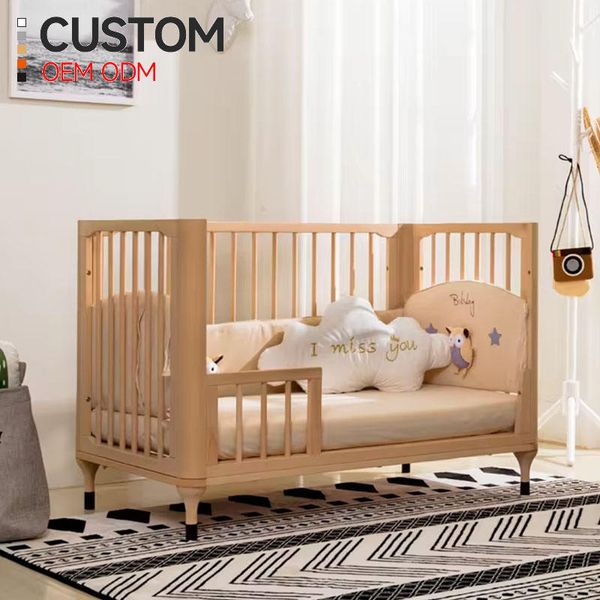 Customizable Certified Waterproof Heat-Resistant Natural Wood Baby Bed Handmade Baby Crib Wooden Baby Bed With Wheels